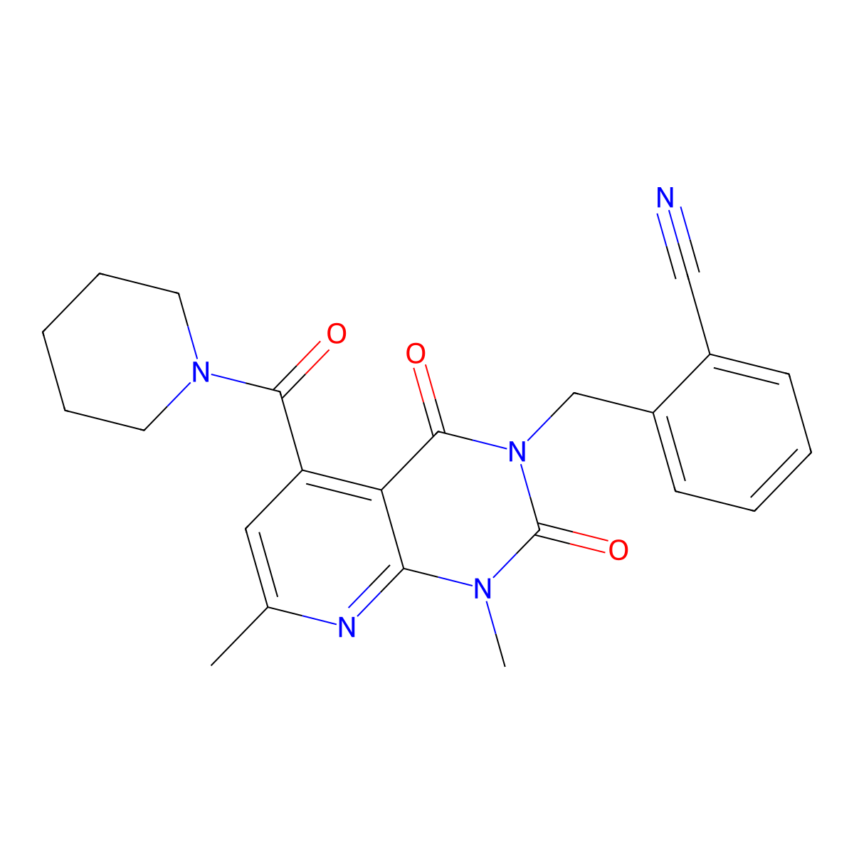 2-{[1,7-dimethyl-2,4-dioxo-5-(piperidin-1-ylcarbonyl)-1,4-dihydropyrido[2,3-d]pyrimidin-3(2H)-yl]methyl}benzonitrile molecular structure, CAS 1030538-29-4