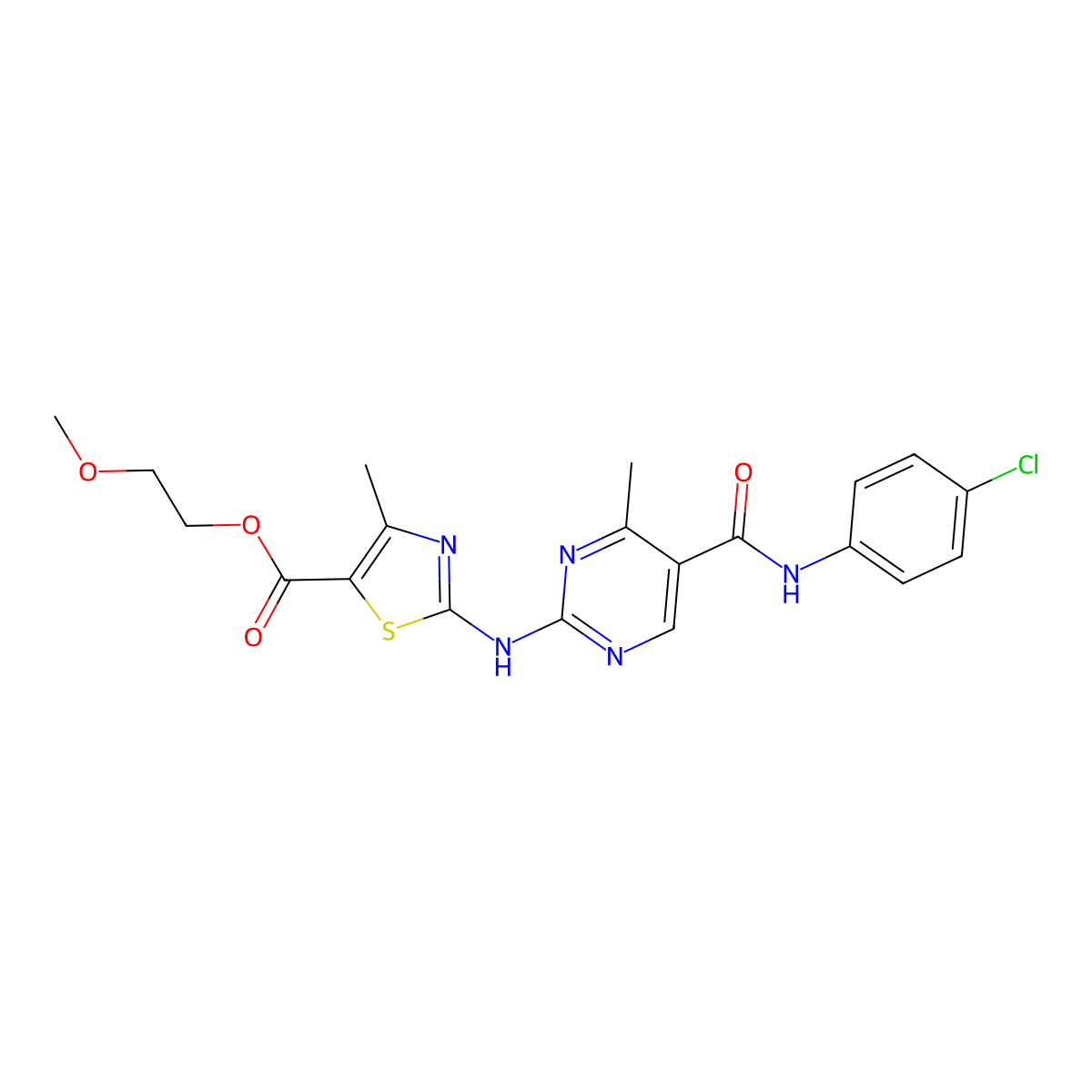 2-Methoxyethyl 2-({5-[(4-chlorophenyl)carbamoyl]-4-methylpyrimidin-2-yl}amino)-4-methyl-1,3-thiazole-5-carboxylate molecular structure, CAS 1030566-27-8