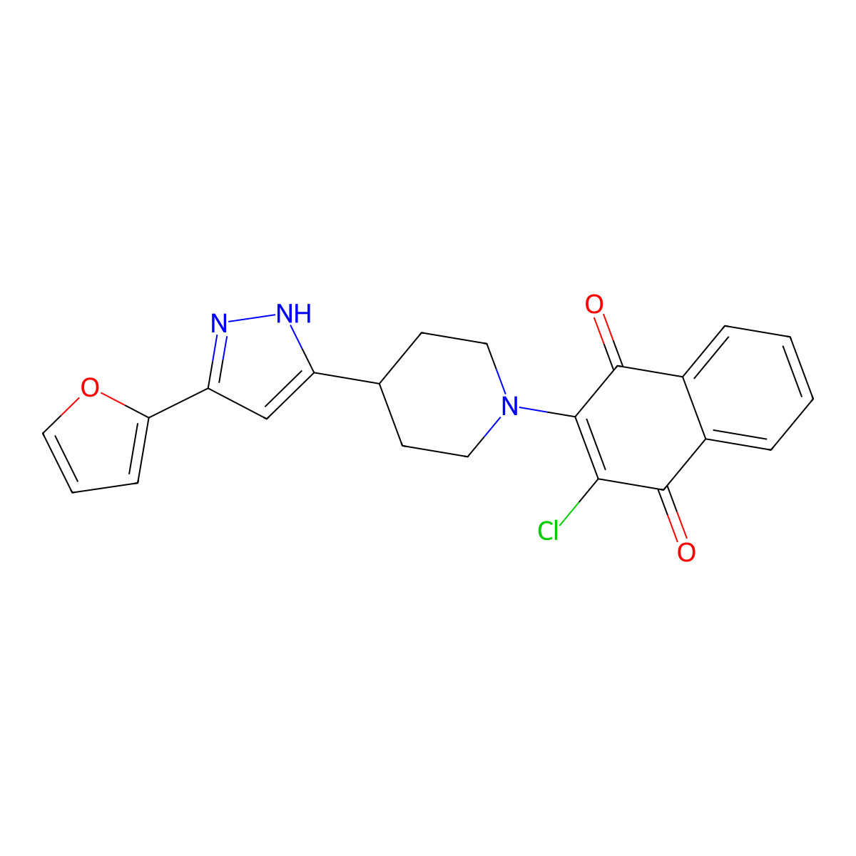 2-chloro-3-[4-[3-(furan-2-yl)-1H-pyrazol-5-yl]piperidin-1-yl]naphthalene-1,4-dione molecular structure, CAS 1030603-63-4