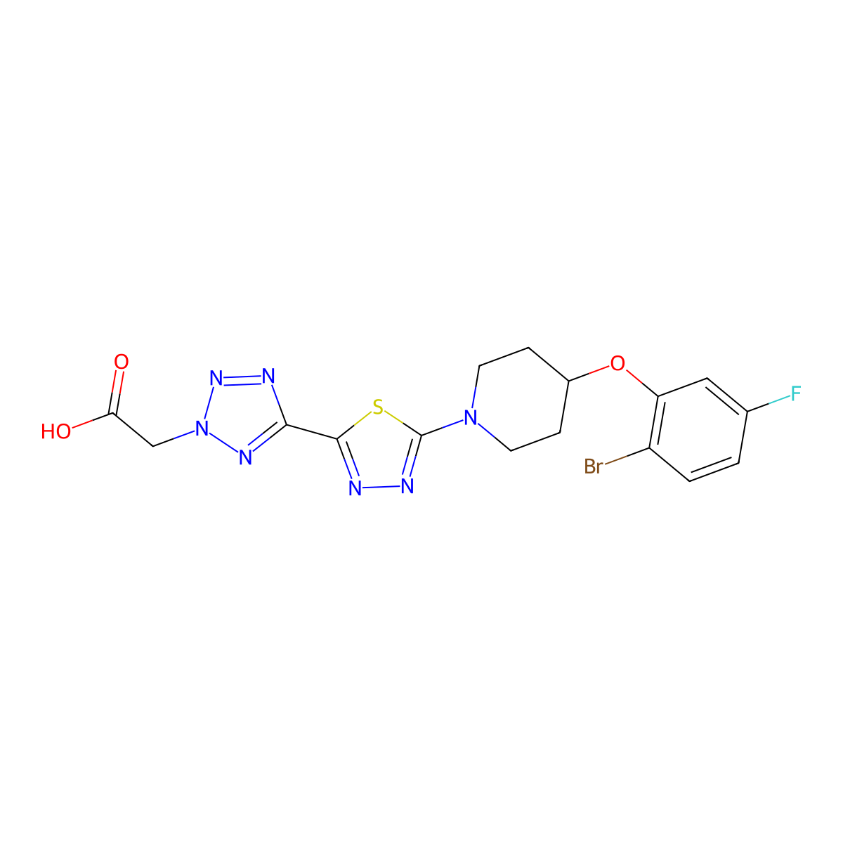 2-(5-(5-(4-(2-Bromo-5-fluorophenoxy)piperidin-1-yl)-1,3,4-thiadiazol-2-yl)-2H-tetrazol-2-yl)acetic acid molecular structure, CAS 1030612-87-3