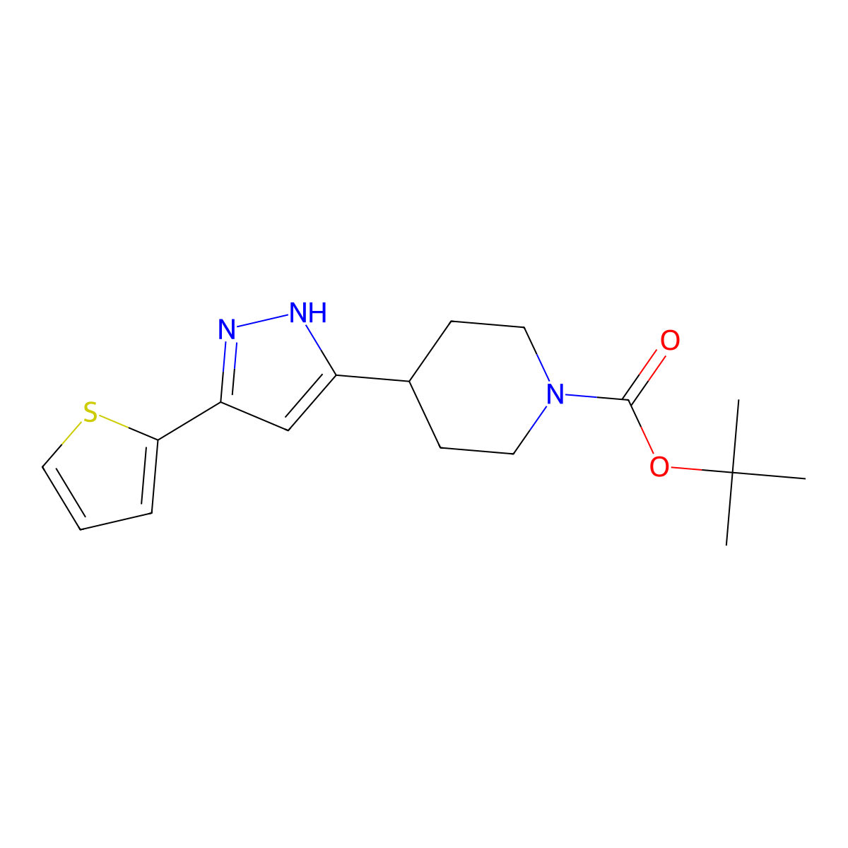 tert-butyl 4-[5-(2-thienyl)-1H-pyrazol-3-yl]tetrahydro-1(2H)-pyridinecarboxylate molecular structure, CAS 1030617-10-7