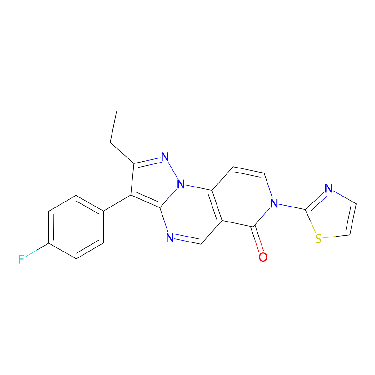 2-ethyl-3-(4-fluorophenyl)-7-(1,3-thiazol-2-yl)pyrazolo[1,5-a]pyrido[3,4-e]pyrimidin-6(7H)-one molecular structure, CAS 1030653-82-7