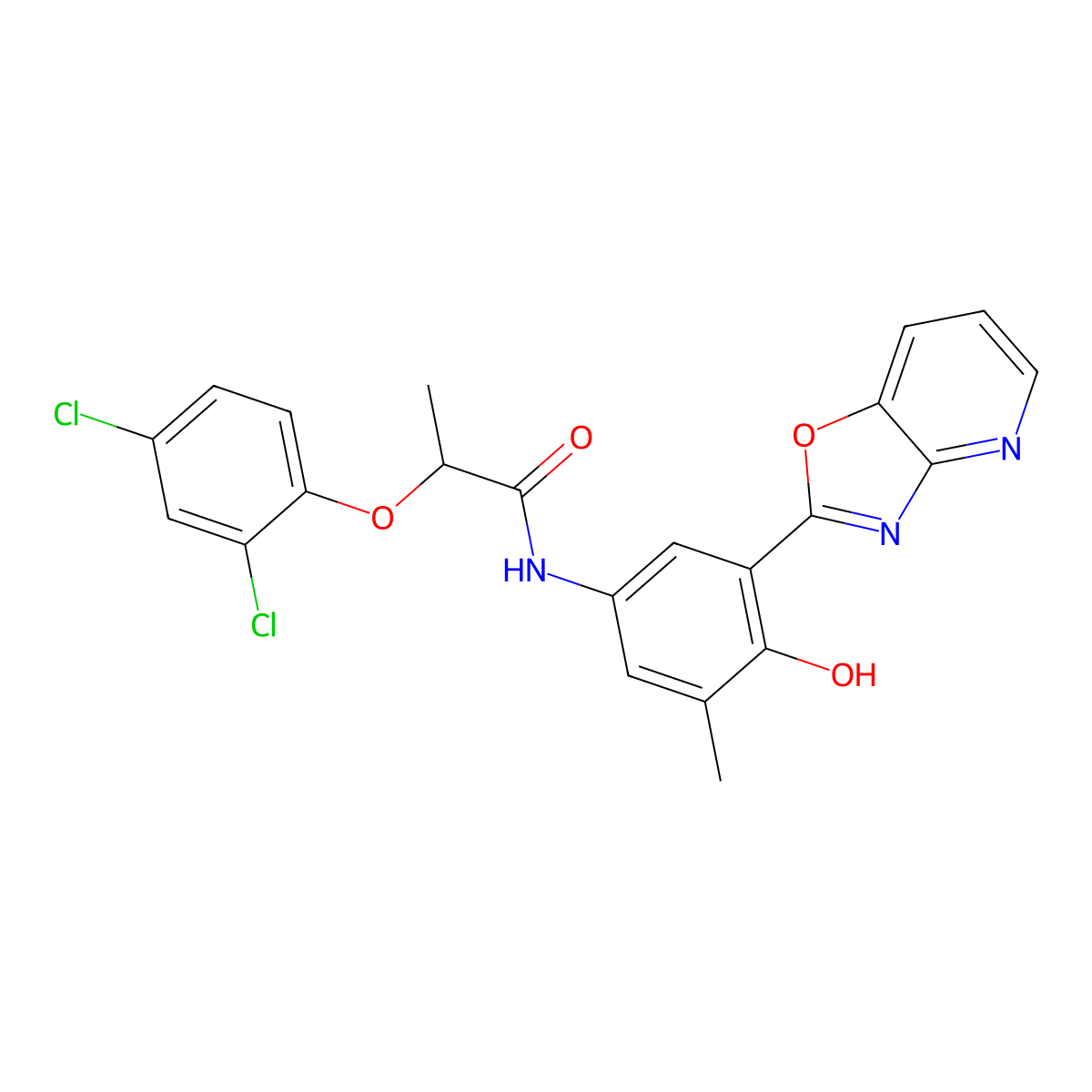 2-(2,4-dichlorophenoxy)-N-(4-hydroxy-3-methyl-5-[1,3]oxazolo[4,5-b]pyridin-2-ylphenyl)propanamide molecular structure, CAS 1030662-33-9