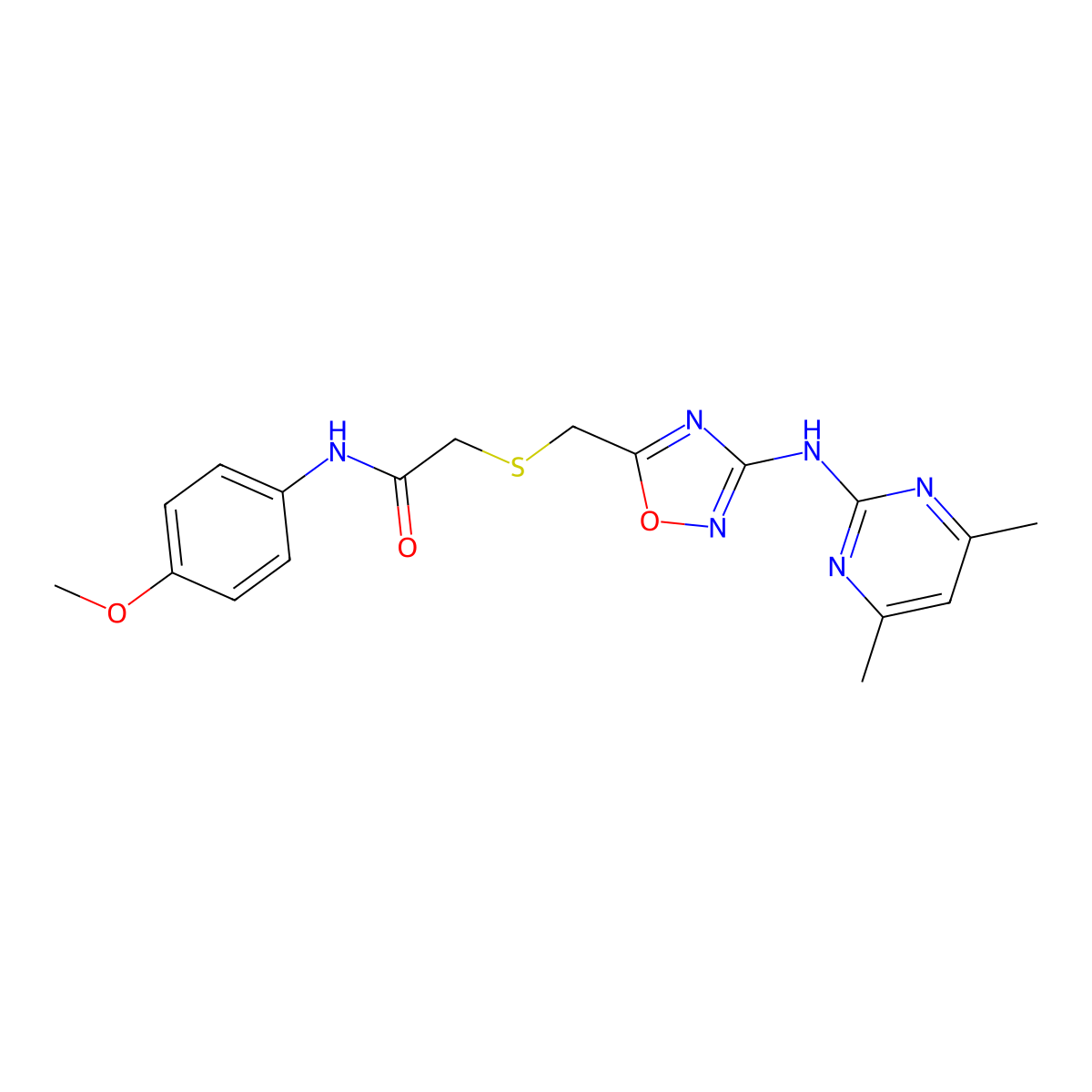 2-[({3-[(4,6-dimethylpyrimidin-2-yl)amino]-1,2,4-oxadiazol-5-yl}methyl)sulfanyl]-N-(4-methoxyphenyl)acetamide molecular structure, CAS 1030698-80-6