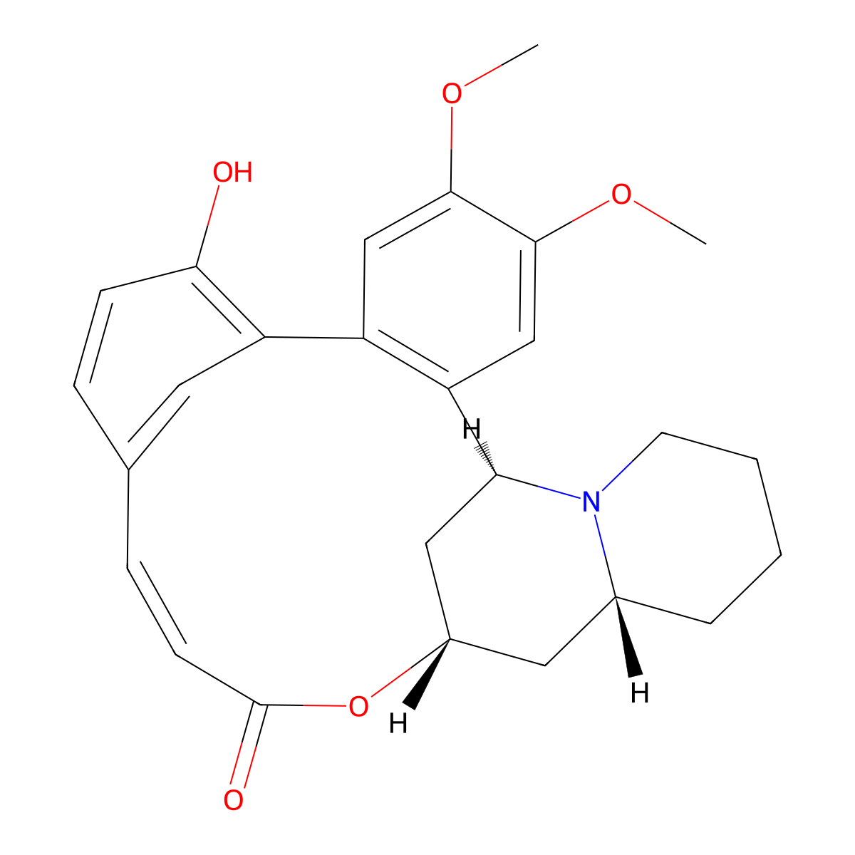 (4aR,6S,9Z,20S)-2,3,4,4a,5,6-Hexahydro-14-hydroxy-17,18-dimethoxy-20H-6,20-methano-11,15-metheno-1H,8H-benzo(g)pyrido(2,1-d)(1,5)oxaazacyclohexadecin-8-one molecular structure, CAS 10308-13-1