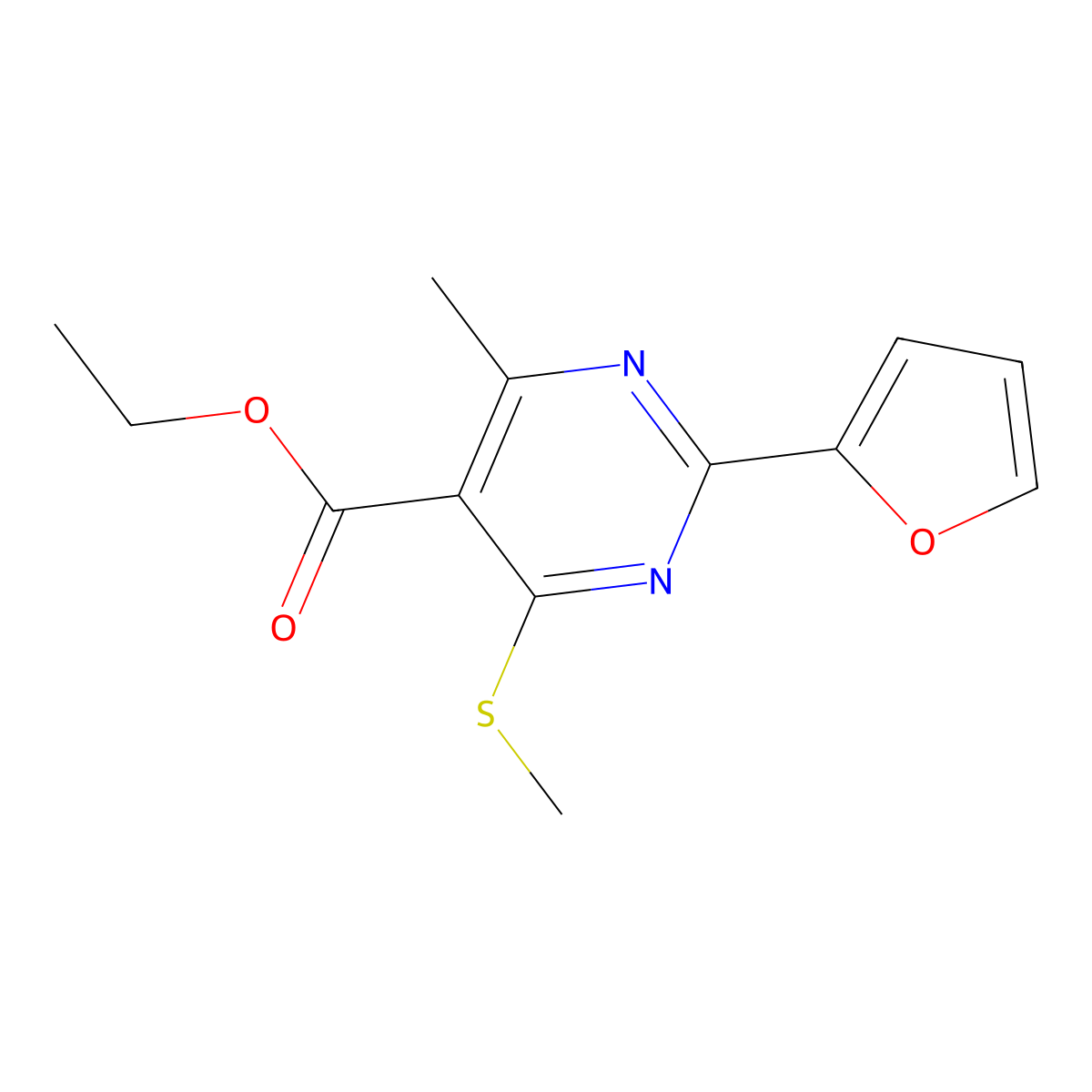 Ethyl 2-(furan-2-yl)-4-methyl-6-(methylsulfanyl)pyrimidine-5-carboxylate molecular structure, CAS 1030801-11-6