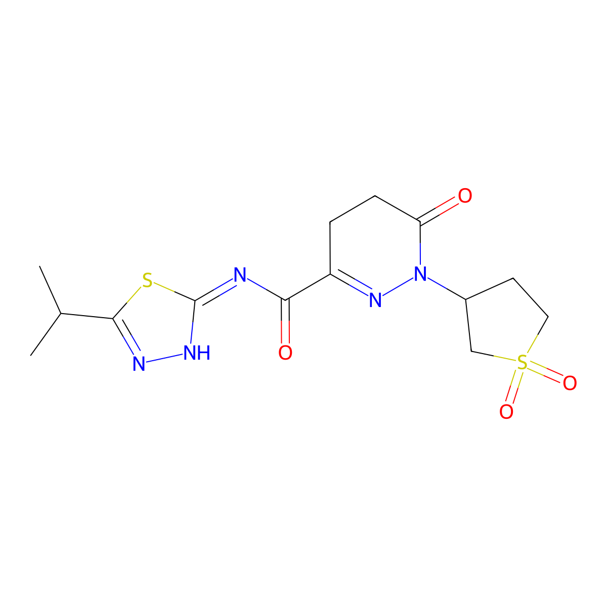 1-(1,1-dioxidotetrahydrothiophen-3-yl)-6-oxo-N-[(2E)-5-(propan-2-yl)-1,3,4-thiadiazol-2(3H)-ylidene]-1,4,5,6-tetrahydropyridazine-3-carboxamide molecular structure, CAS 1030821-80-7