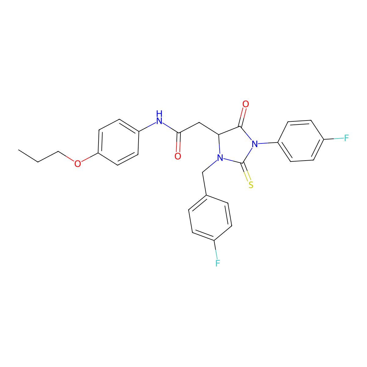 2-[3-(4-fluorobenzyl)-1-(4-fluorophenyl)-5-oxo-2-thioxoimidazolidin-4-yl]-N-(4-propoxyphenyl)acetamide molecular structure, CAS 1030853-74-7