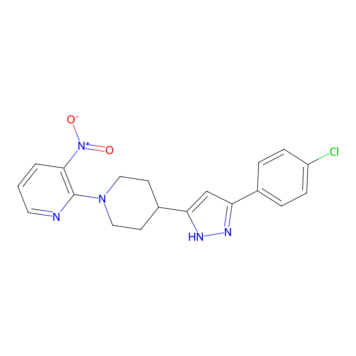 4-[5-(4-chlorophenyl)-1H-pyrazol-3-yl]-1-(3-nitro-2-pyridinyl)piperidine molecular structure, CAS 1030856-25-7