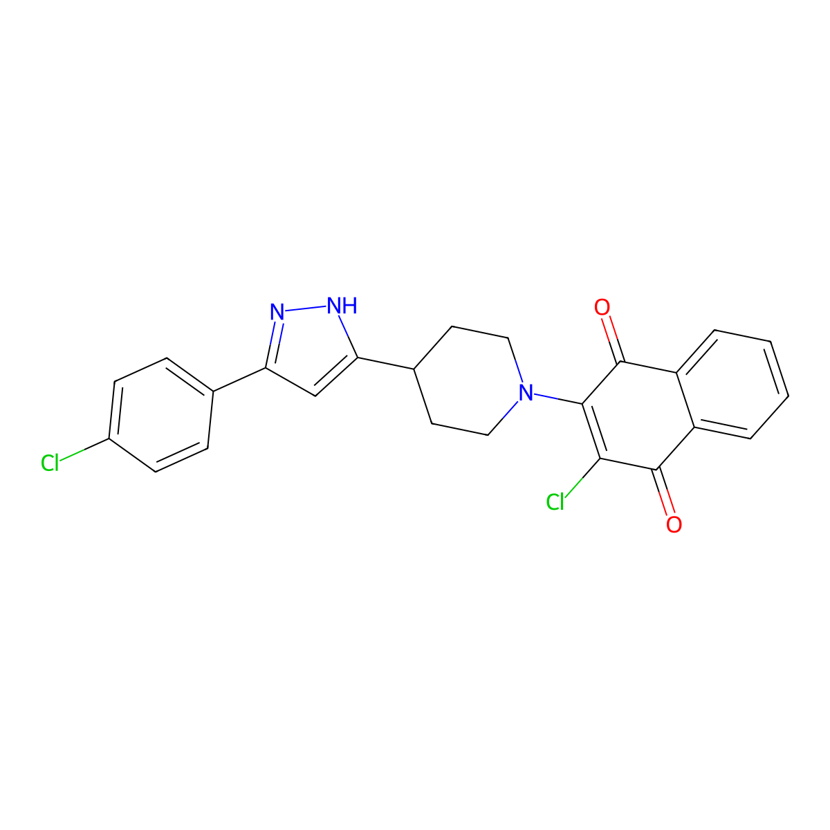 2-chloro-3-[4-[3-(4-chlorophenyl)-1H-pyrazol-5-yl]piperidin-1-yl]naphthalene-1,4-dione molecular structure, CAS 1030937-43-9