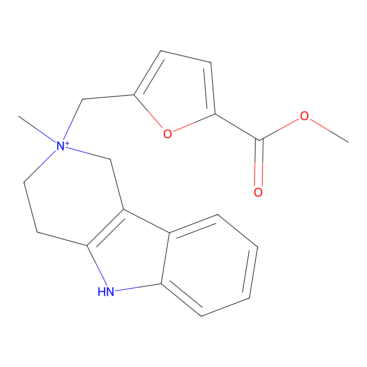 2,3,4,5-Tetrahydro-2-[[5-(methoxycarbonyl)-2-furanyl]methyl]-2-methyl-1H-pyrido[4,3-b]indolium molecular structure, CAS 1030937-69-9