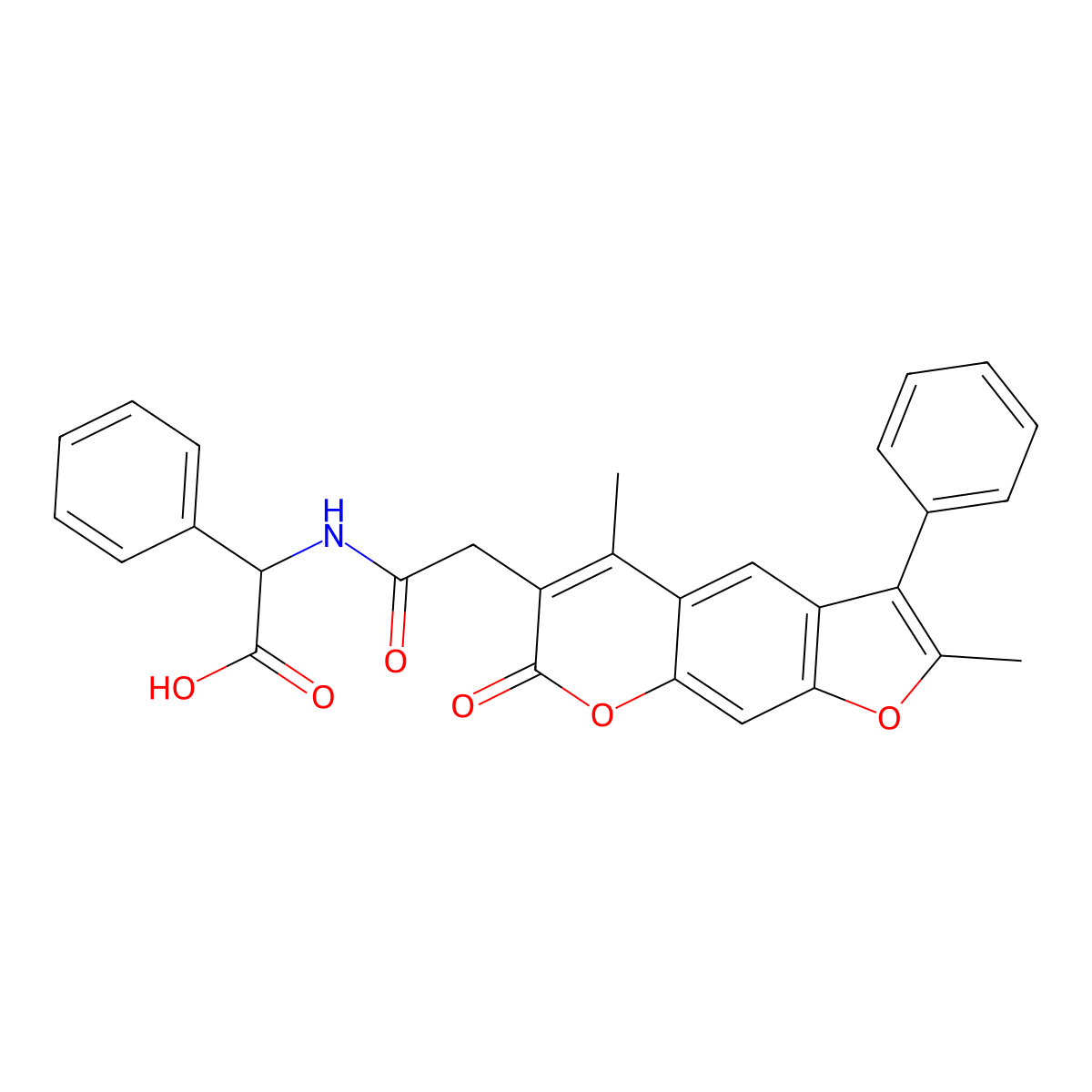 {[(2,5-dimethyl-7-oxo-3-phenyl-7H-furo[3,2-g]chromen-6-yl)acetyl]amino}(phenyl)acetic acid molecular structure, CAS 1030938-34-1