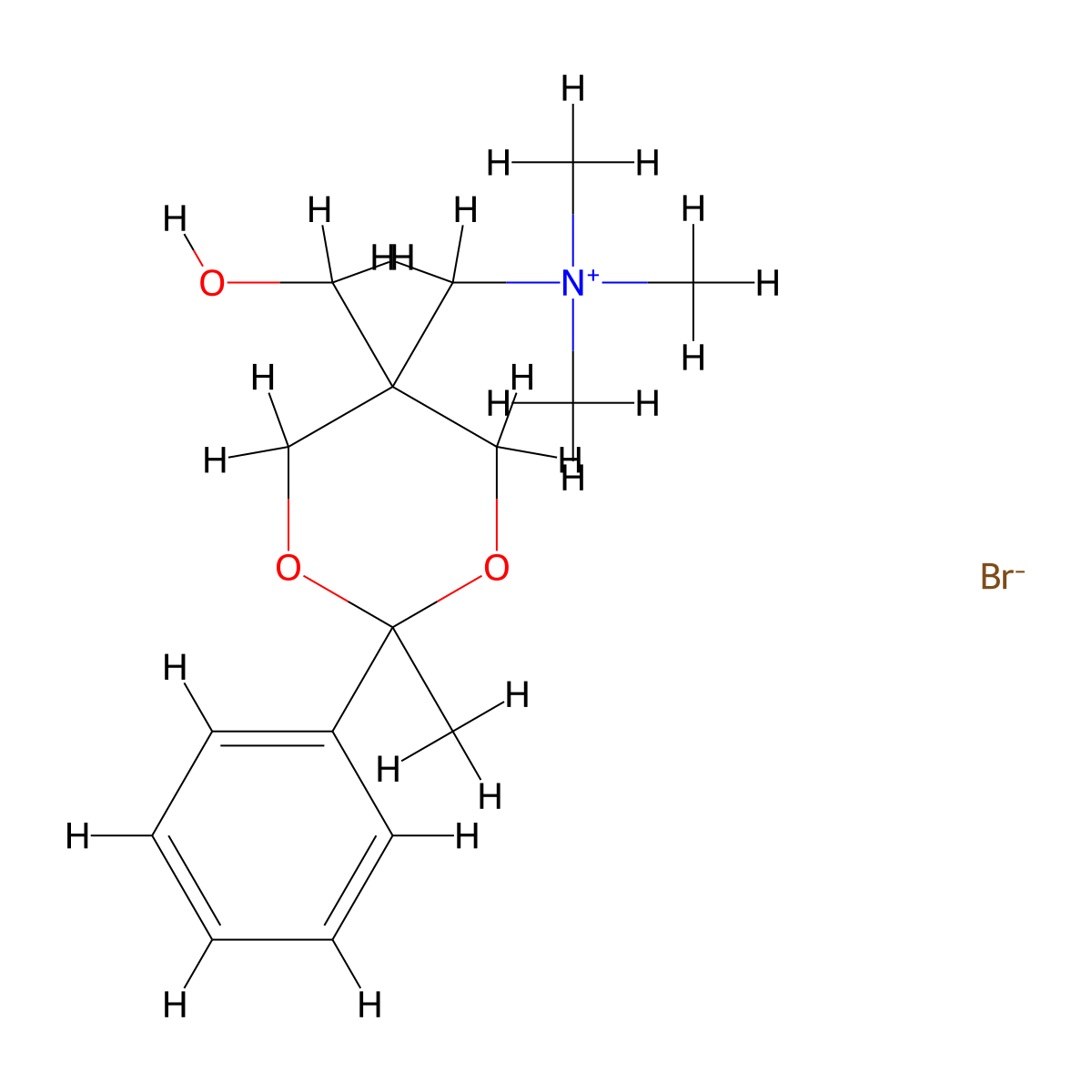 1,3-Dioxane-5-methanaminium, 5-(hydroxymethyl)-N,N,N,2-tetramethyl-2-phenyl-, bromide (1:1) molecular structure, CAS 1031-38-5