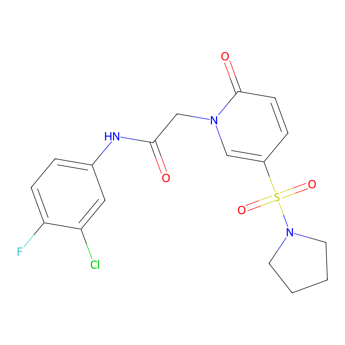 N-(3-chloro-4-fluorophenyl)-2-(2-oxo-5-pyrrolidin-1-ylsulfonylpyridin-1-yl)acetamide molecular structure, CAS 1031072-38-4