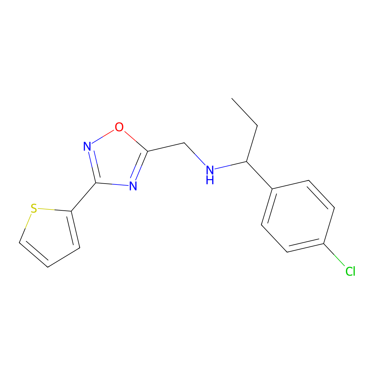 [1-(4-Chlorophenyl)propyl]({[3-(thiophen-2-yl)-1,2,4-oxadiazol-5-yl]methyl})amine molecular structure, CAS 1031123-34-8