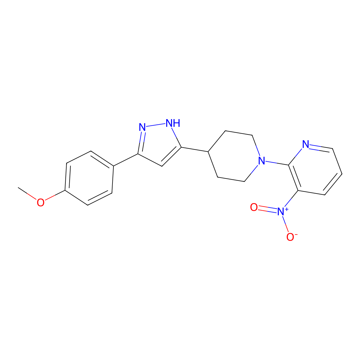 methyl 4-{3-[1-(3-nitro-2-pyridinyl)-4-piperidinyl]-1H-pyrazol-5-yl}phenyl ether molecular structure, CAS 1031208-10-2