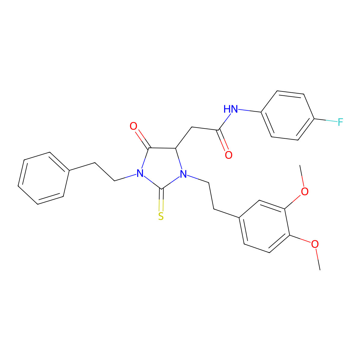 2-[3-[2-(3,4-dimethoxyphenyl)ethyl]-5-oxo-1-(2-phenylethyl)-2-thioxoimidazolidin-4-yl]-N-(4-fluorophenyl)acetamide molecular structure, CAS 1031211-20-7