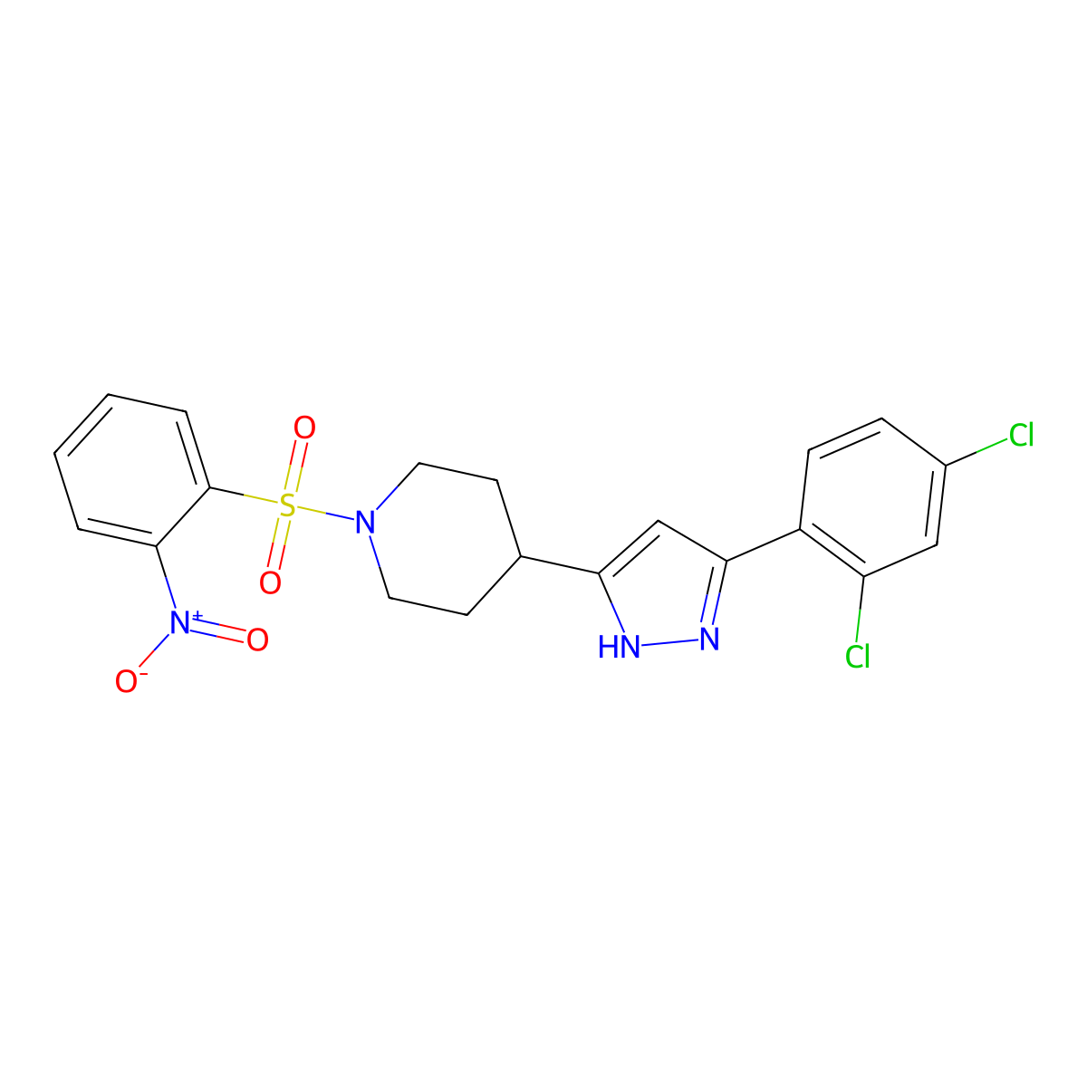 4-[3-(2,4-dichlorophenyl)-1H-pyrazol-5-yl]-1-(2-nitrophenyl)sulfonylpiperidine molecular structure, CAS 1031236-58-4