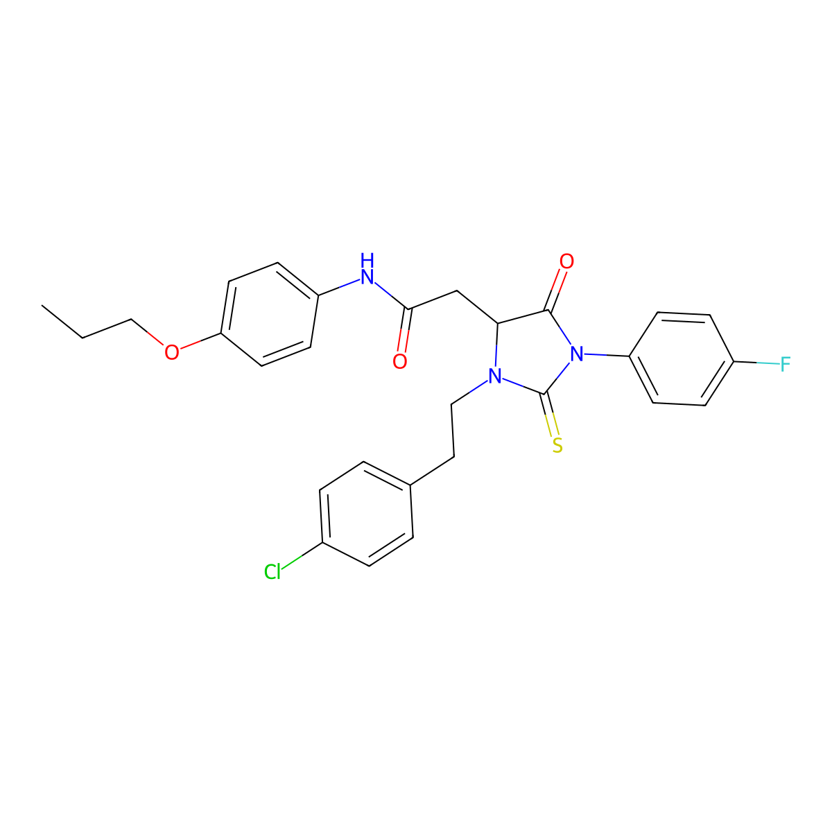 2-{3-[2-(4-chlorophenyl)ethyl]-1-(4-fluorophenyl)-5-oxo-2-thioxoimidazolidin-4-yl}-N-(4-propoxyphenyl)acetamide molecular structure, CAS 1031253-92-5