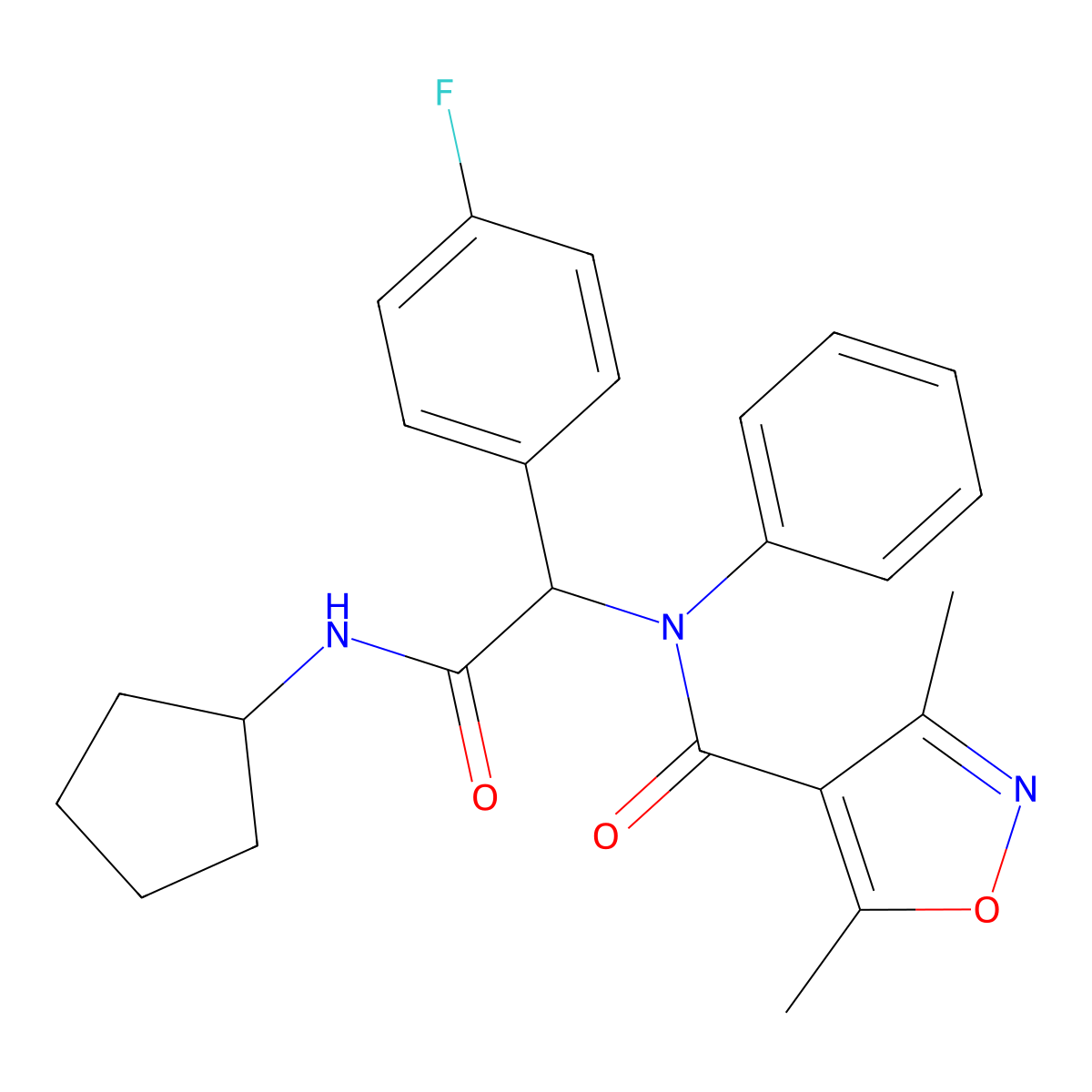 N-[2-(cyclopentylamino)-1-(4-fluorophenyl)-2-oxoethyl]-3,5-dimethyl-N-phenyl-1,2-oxazole-4-carboxamide molecular structure, CAS 1031256-50-4