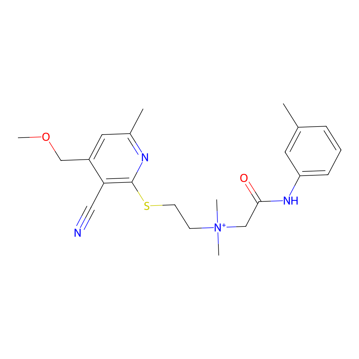 N-(2-{[3-cyano-4-(methoxymethyl)-6-methylpyridin-2-yl]sulfanyl}ethyl)-N,N-dimethyl-2-[(3-methylphenyl)amino]-2-oxoethanaminium molecular structure, CAS 1031262-87-9