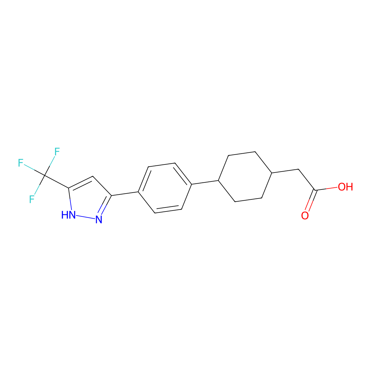 (4-(4-(5-trifluoromethyl-1H-pyrazol-3-yl)phenyl)cyclohexyl)acetic acid molecular structure, CAS 1031335-85-9