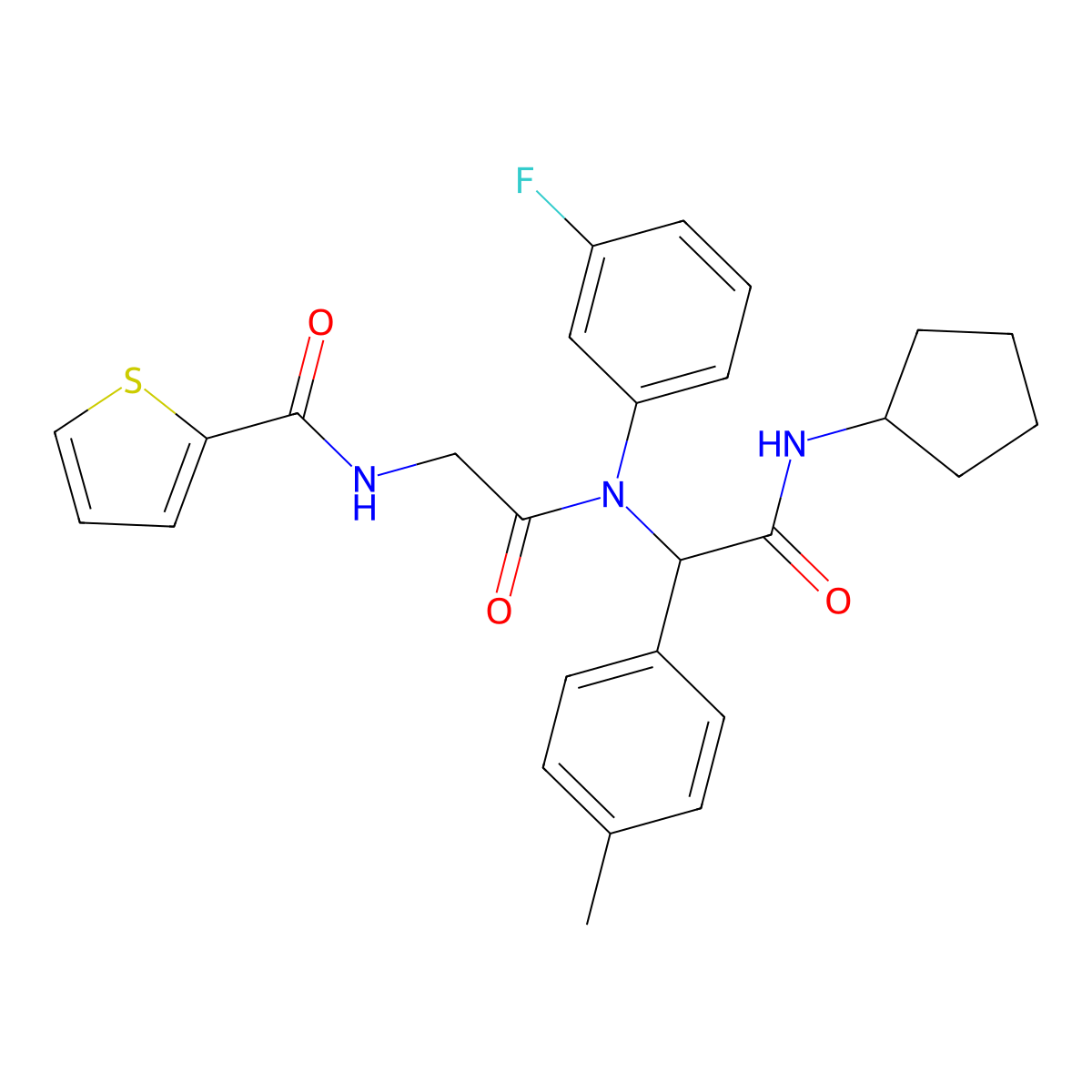 N-[2-[[2-(Cyclopentylamino)-1-(4-methylphenyl)-2-oxoethyl]-(3-fluorophenyl)amino]-2-oxoethyl]thiophene-2-carboxamide molecular structure, CAS 1031336-67-0
