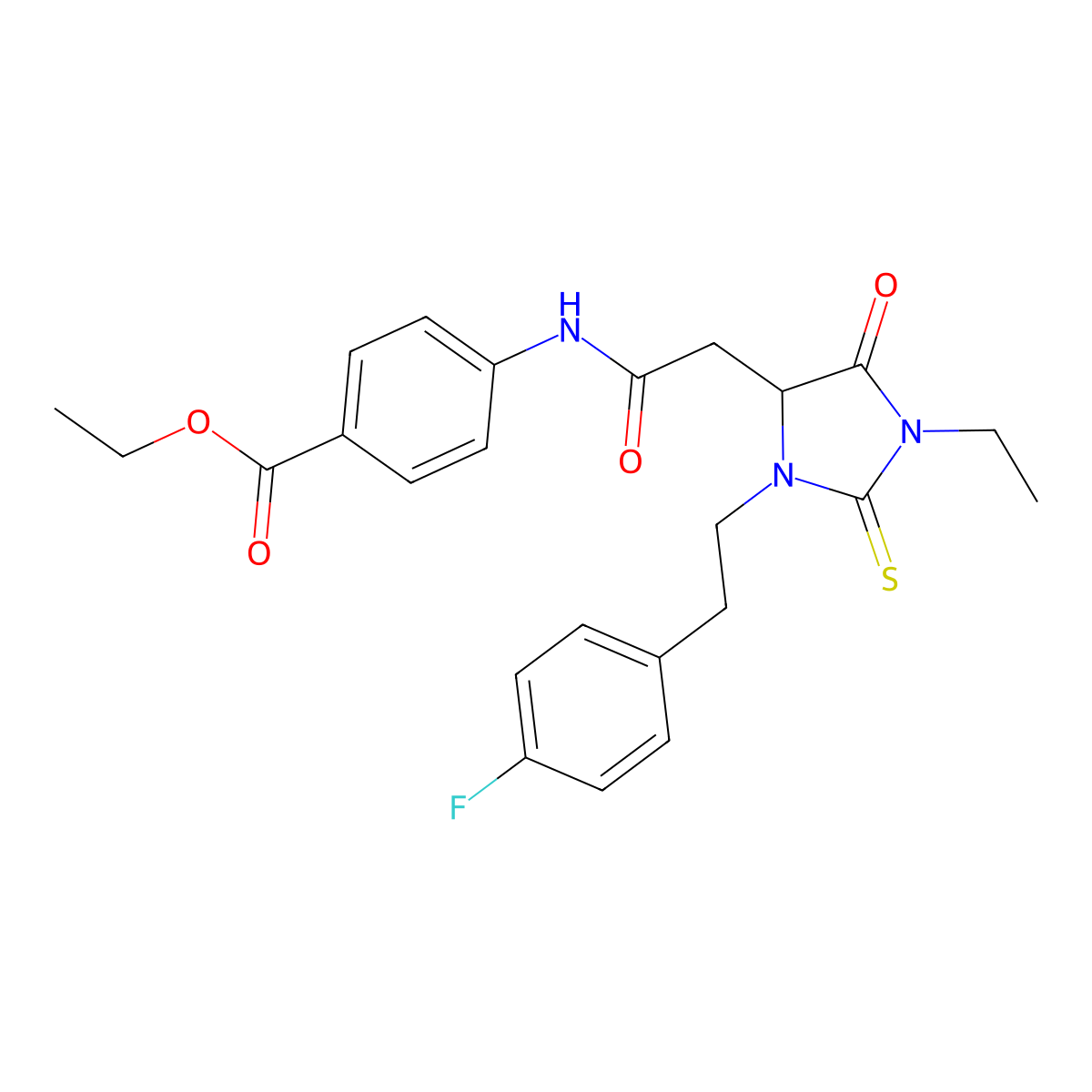 Ethyl 4-[({1-ethyl-3-[2-(4-fluorophenyl)ethyl]-5-oxo-2-thioxoimidazolidin-4-yl}acetyl)amino]benzoate molecular structure, CAS 1031422-85-1