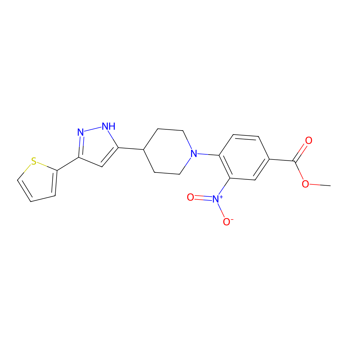 methyl 3-nitro-4-{4-[5-(2-thienyl)-1H-pyrazol-3-yl]piperidino}benzenecarboxylate molecular structure, CAS 1031434-02-2