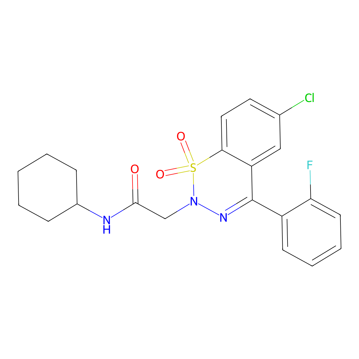 2-(6-chloro-4-(2-fluorophenyl)-1,1-dioxido-2H-benzo[e][1,2,3]thiadiazin-2-yl)-N-cyclohexylacetamide molecular structure, CAS 1031555-36-8
