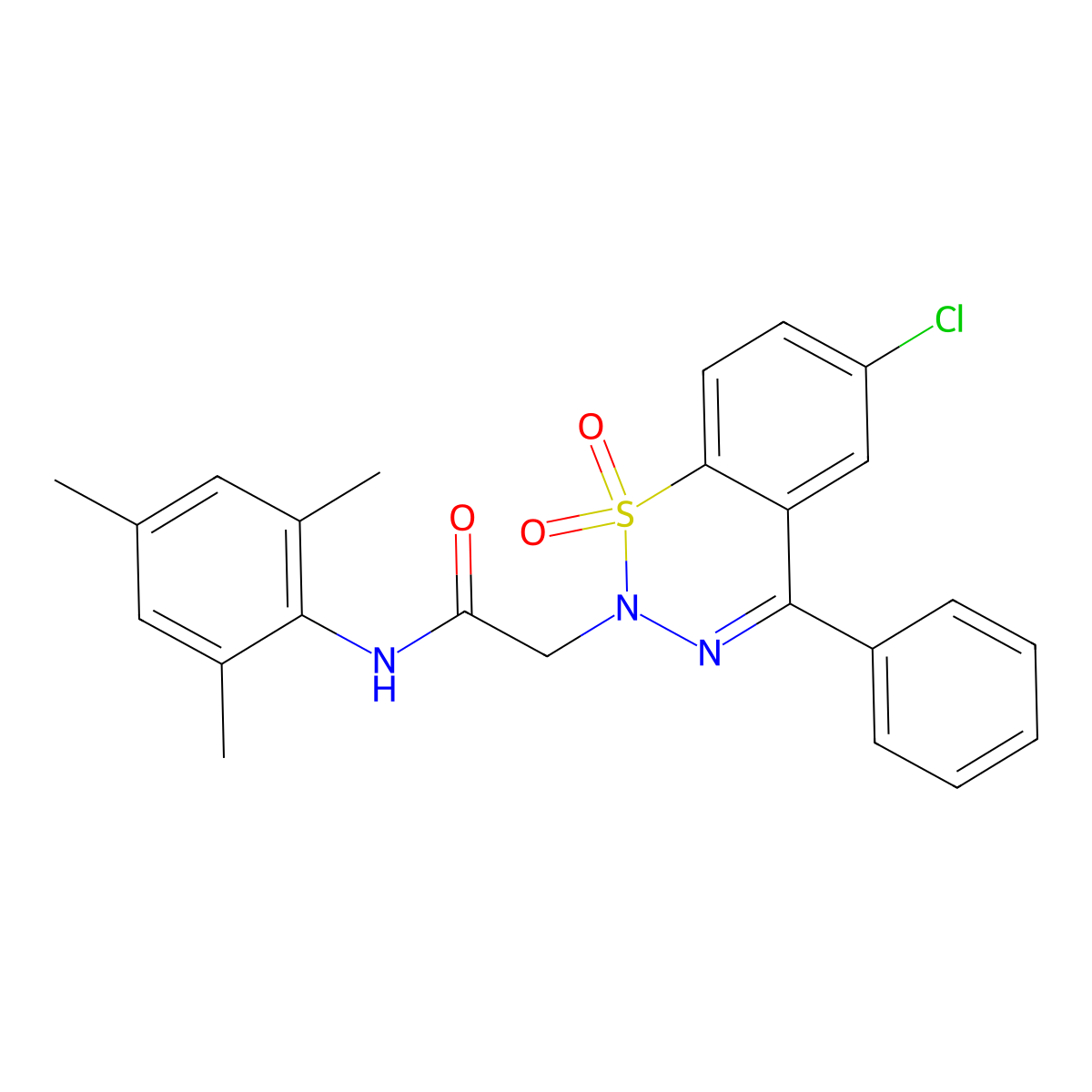2-(6-chloro-1,1-dioxido-4-phenyl-2H-benzo[e][1,2,3]thiadiazin-2-yl)-N-mesitylacetamide molecular structure, CAS 1031574-99-8