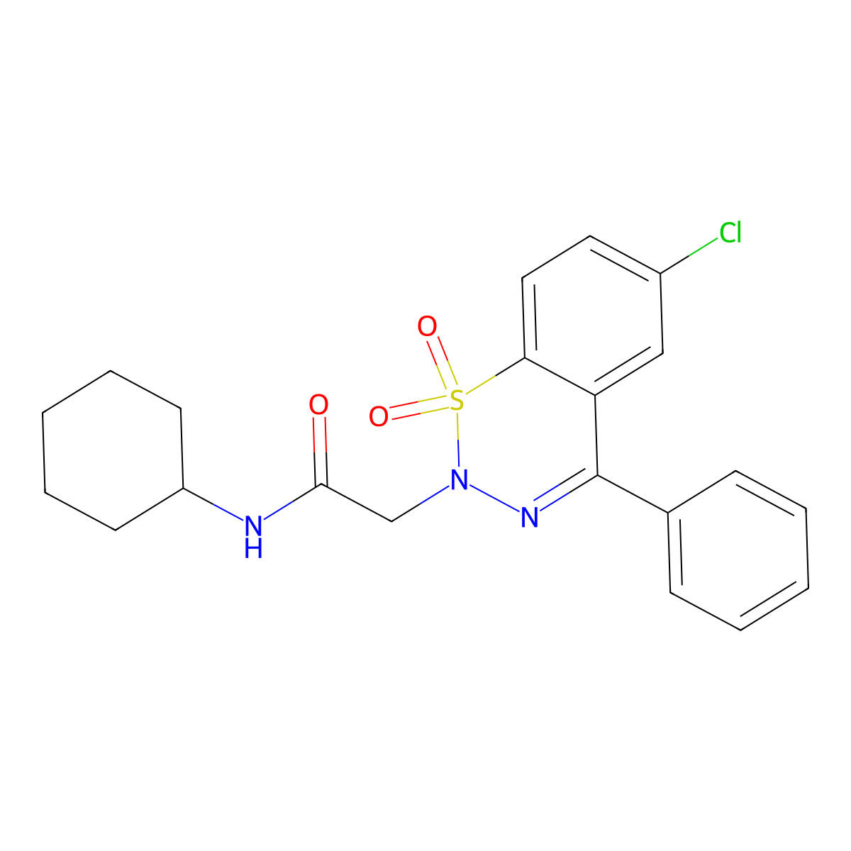 2-(6-chloro-1,1-dioxido-4-phenyl-2H-1,2,3-benzothiadiazin-2-yl)-N-cyclohexylacetamide molecular structure, CAS 1031575-07-1