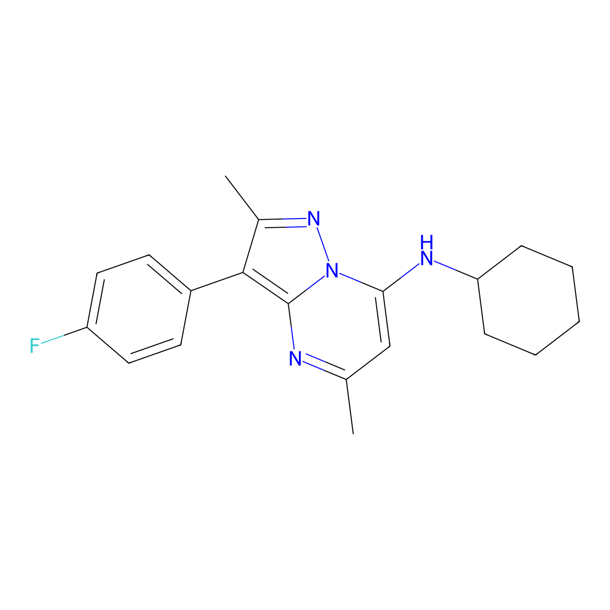 N-cyclohexyl-3-(4-fluorophenyl)-2,5-dimethylpyrazolo[1,5-a]pyrimidin-7-amine molecular structure, CAS 1031598-41-0