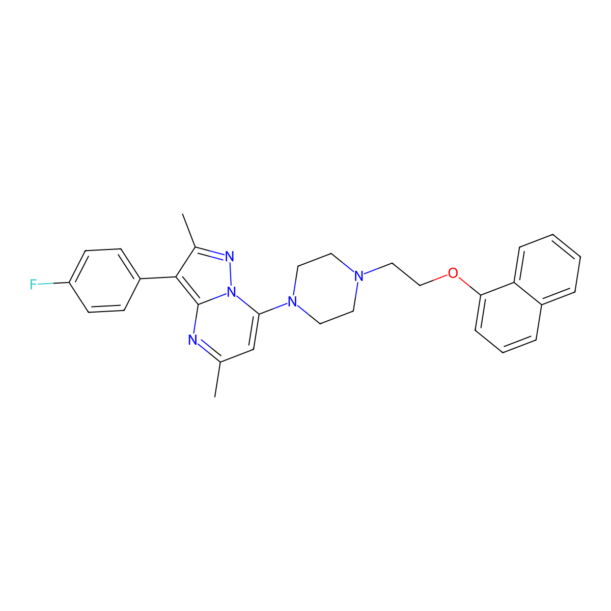 1-[3-(4-Fluorophenyl)-2,5-dimethylpyrazolo[1,5-a]pyrimidin-7-yl]-4-[2-(naphthalen-1-yloxy)ethyl]piperazine molecular structure, CAS 1031598-47-6