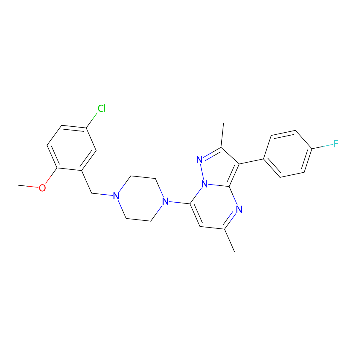 7-[4-(5-Chloro-2-methoxybenzyl)piperazin-1-yl]-3-(4-fluorophenyl)-2,5-dimethylpyrazolo[1,5-a]pyrimidine molecular structure, CAS 1031598-50-1