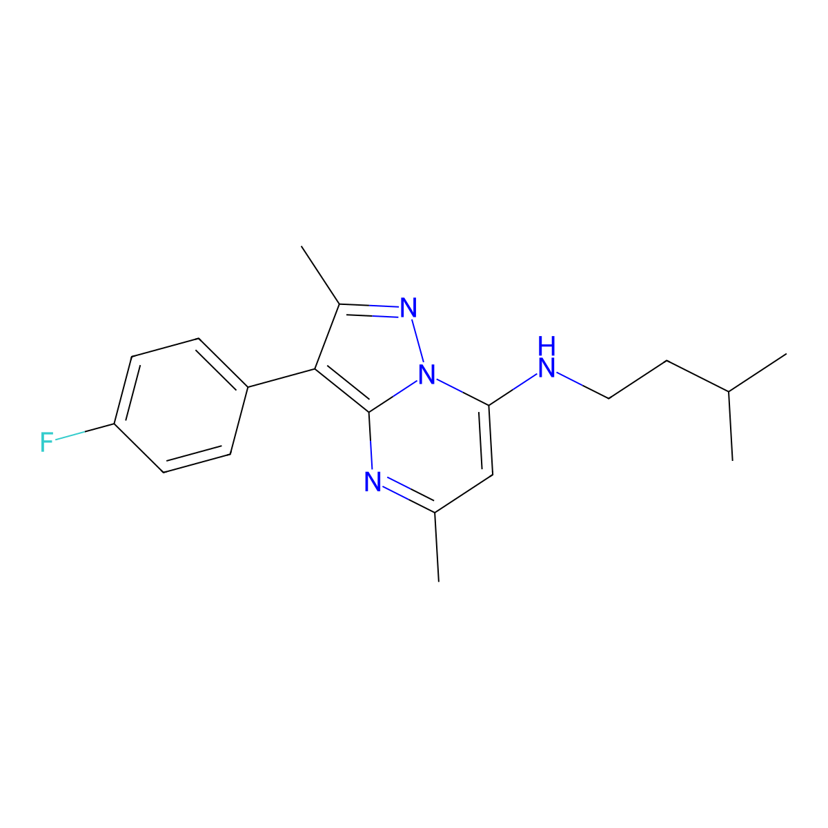 3-(4-fluorophenyl)-2,5-dimethyl-N-(3-methylbutyl)pyrazolo[1,5-a]pyrimidin-7-amine molecular structure, CAS 1031598-53-4