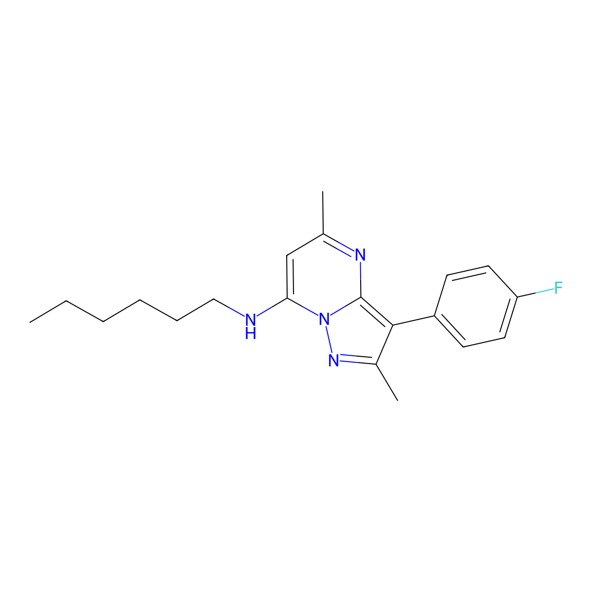 3-(4-fluorophenyl)-N-hexyl-2,5-dimethylpyrazolo[1,5-a]pyrimidin-7-amine molecular structure, CAS 1031598-59-0