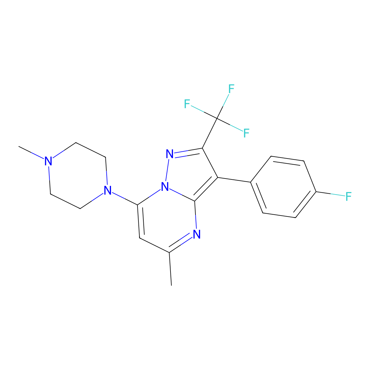 1-[3-(4-Fluorophenyl)-5-methyl-2-(trifluoromethyl)pyrazolo[1,5-a]pyrimidin-7-yl]-4-methylpiperazine molecular structure, CAS 1031598-93-2