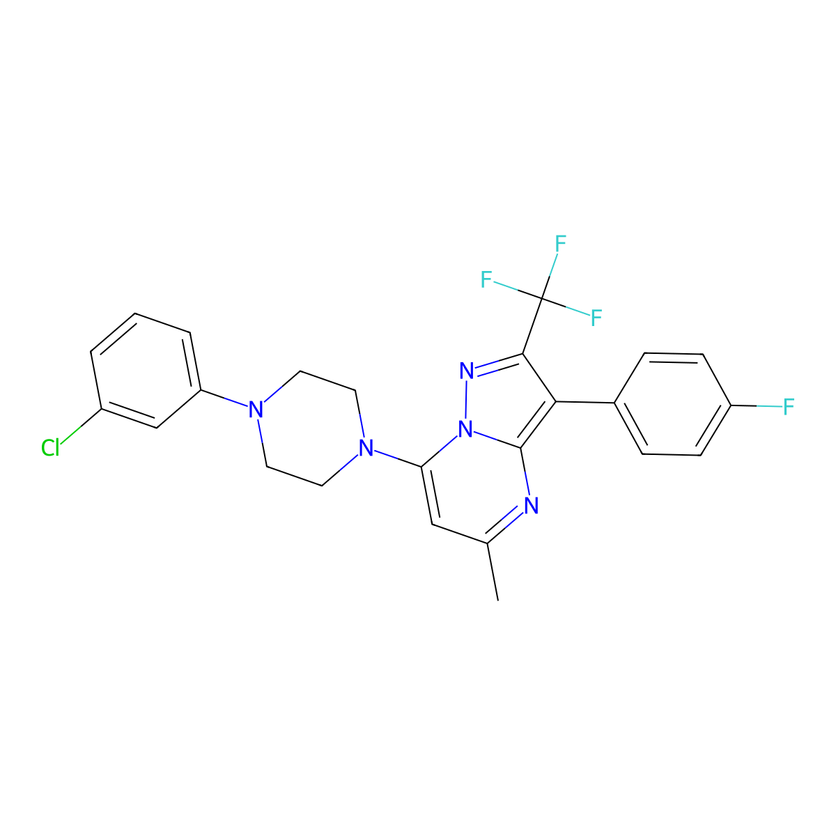 7-[4-(3-Chlorophenyl)piperazin-1-yl]-3-(4-fluorophenyl)-5-methyl-2-(trifluoromethyl)pyrazolo[1,5-a]pyrimidine molecular structure, CAS 1031599-09-3