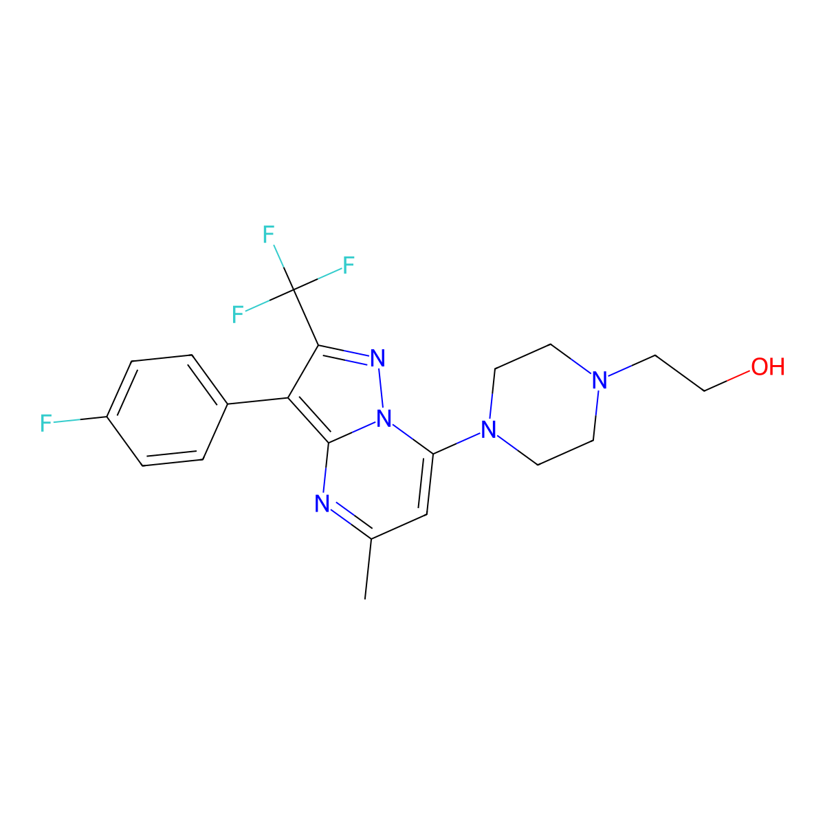 2-{4-[3-(4-Fluorophenyl)-5-methyl-2-(trifluoromethyl)pyrazolo[1,5-a]pyrimidin-7-yl]piperazin-1-yl}ethanol molecular structure, CAS 1031599-13-9