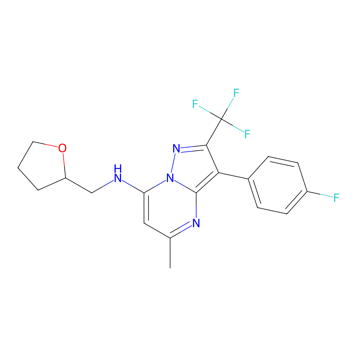 3-(4-fluorophenyl)-5-methyl-N-(tetrahydrofuran-2-ylmethyl)-2-(trifluoromethyl)pyrazolo[1,5-a]pyrimidin-7-amine molecular structure, CAS 1031599-17-3