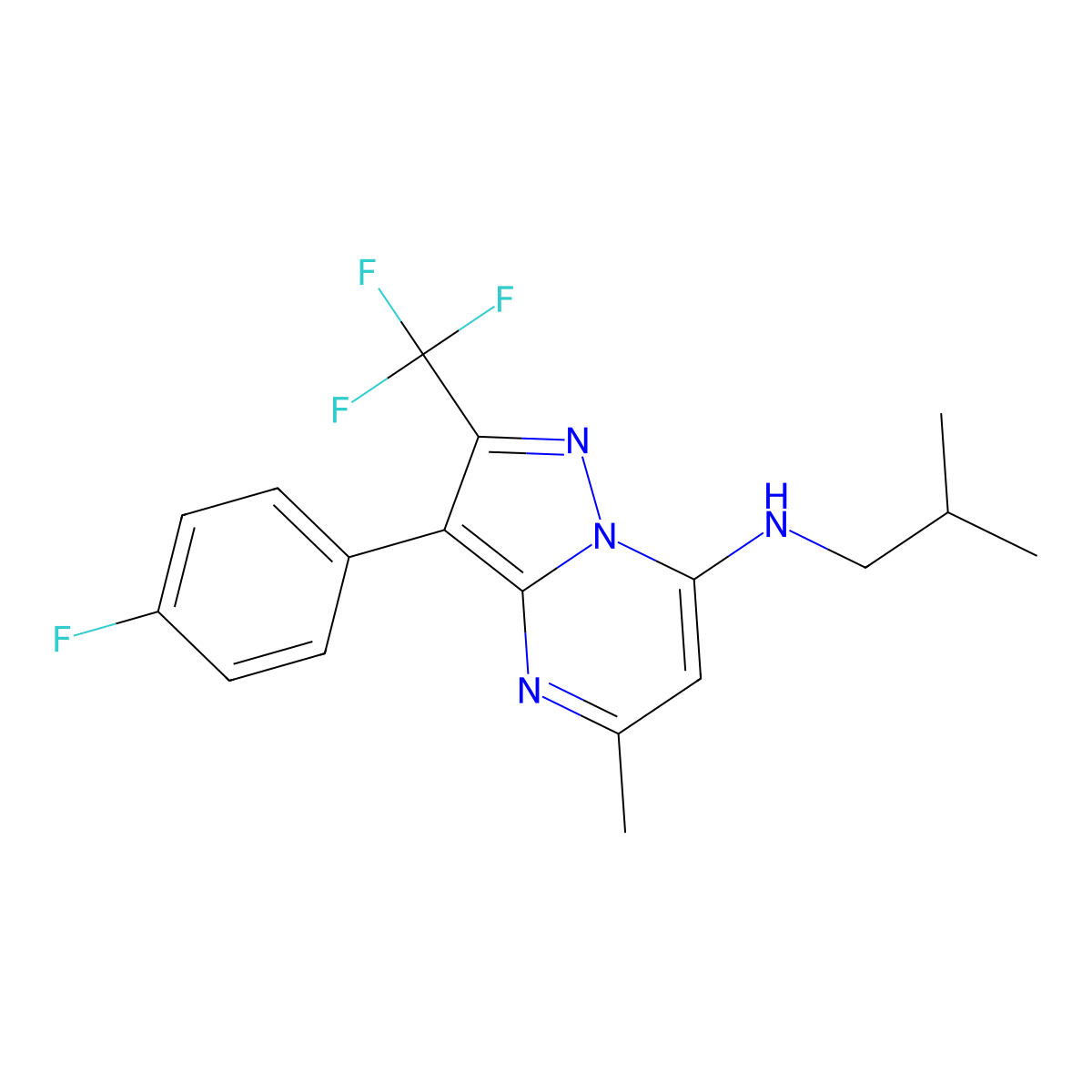 3-(4-fluorophenyl)-5-methyl-N-(2-methylpropyl)-2-(trifluoromethyl)pyrazolo[1,5-a]pyrimidin-7-amine molecular structure, CAS 1031599-20-8