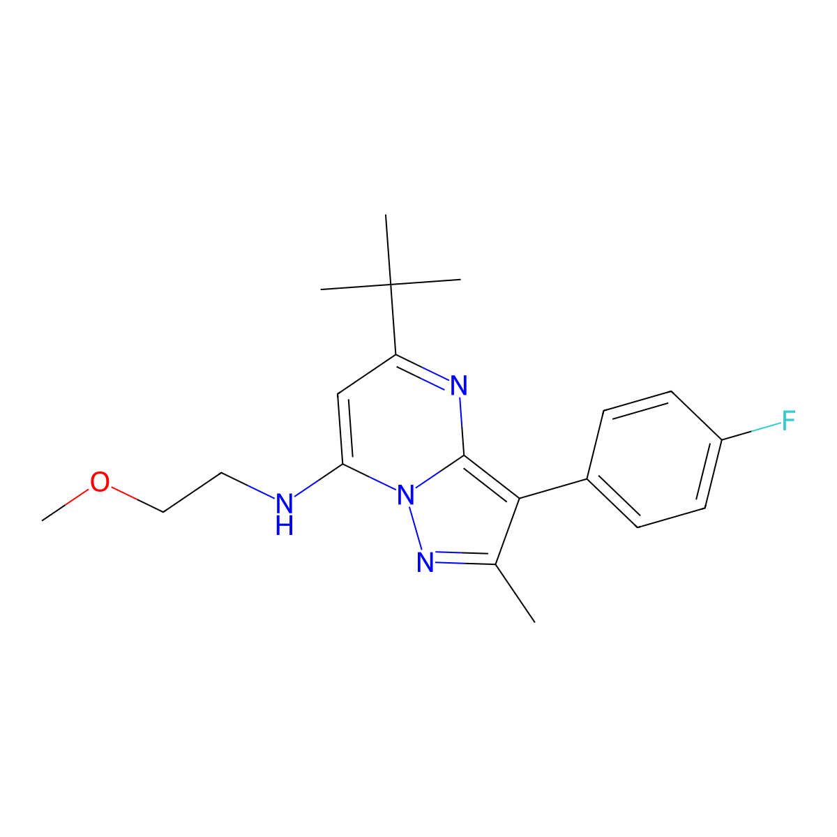 5-tert-butyl-3-(4-fluorophenyl)-N-(2-methoxyethyl)-2-methylpyrazolo[1,5-a]pyrimidin-7-amine molecular structure, CAS 1031599-26-4