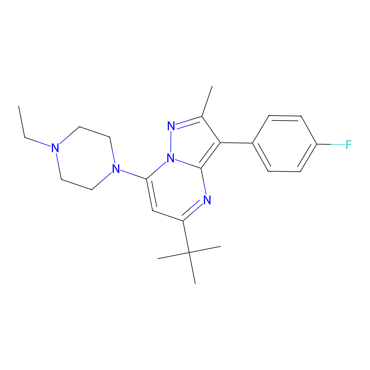 5-Tert-butyl-7-(4-ethylpiperazin-1-yl)-3-(4-fluorophenyl)-2-methylpyrazolo[1,5-a]pyrimidine molecular structure, CAS 1031599-38-8