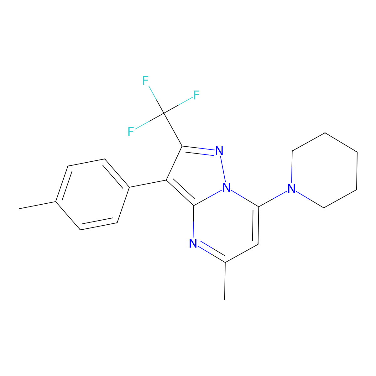 1-[5-Methyl-3-(4-methylphenyl)-2-(trifluoromethyl)pyrazolo[1,5-a]pyrimidin-7-yl]piperidine molecular structure, CAS 1031599-41-3