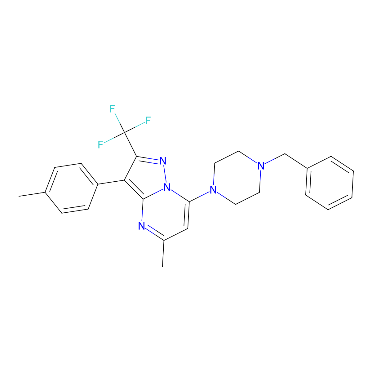 7-(4-Benzylpiperazin-1-yl)-5-methyl-3-(4-methylphenyl)-2-(trifluoromethyl)pyrazolo[1,5-a]pyrimidine molecular structure, CAS 1031599-44-6