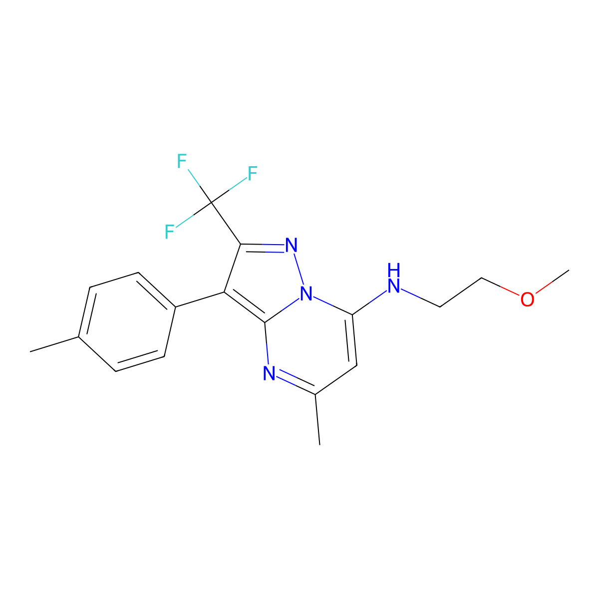 N-(2-methoxyethyl)-5-methyl-3-(4-methylphenyl)-2-(trifluoromethyl)pyrazolo[1,5-a]pyrimidin-7-amine molecular structure, CAS 1031599-47-9