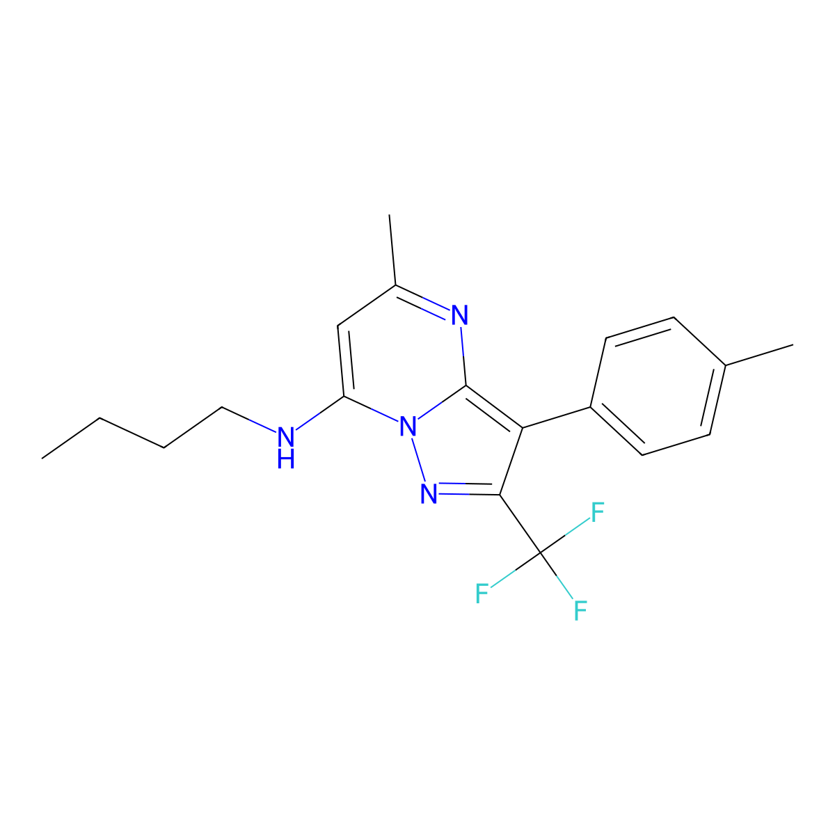 N-butyl-5-methyl-3-(4-methylphenyl)-2-(trifluoromethyl)pyrazolo[1,5-a]pyrimidin-7-amine molecular structure, CAS 1031599-50-4