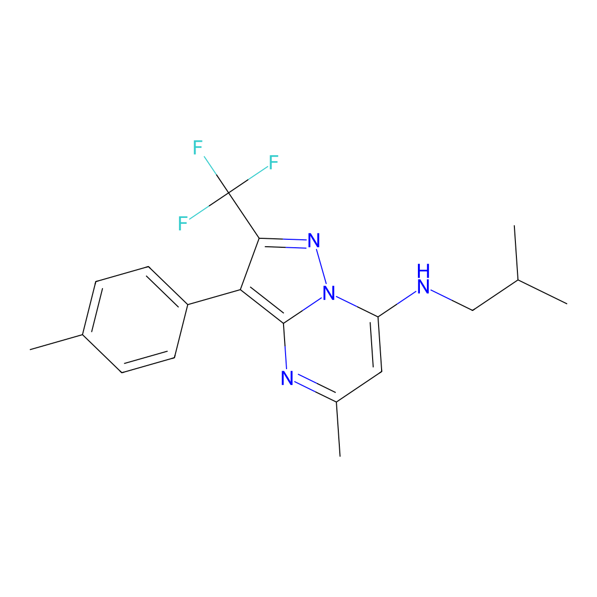5-methyl-3-(4-methylphenyl)-N-(2-methylpropyl)-2-(trifluoromethyl)pyrazolo[1,5-a]pyrimidin-7-amine molecular structure, CAS 1031599-62-8