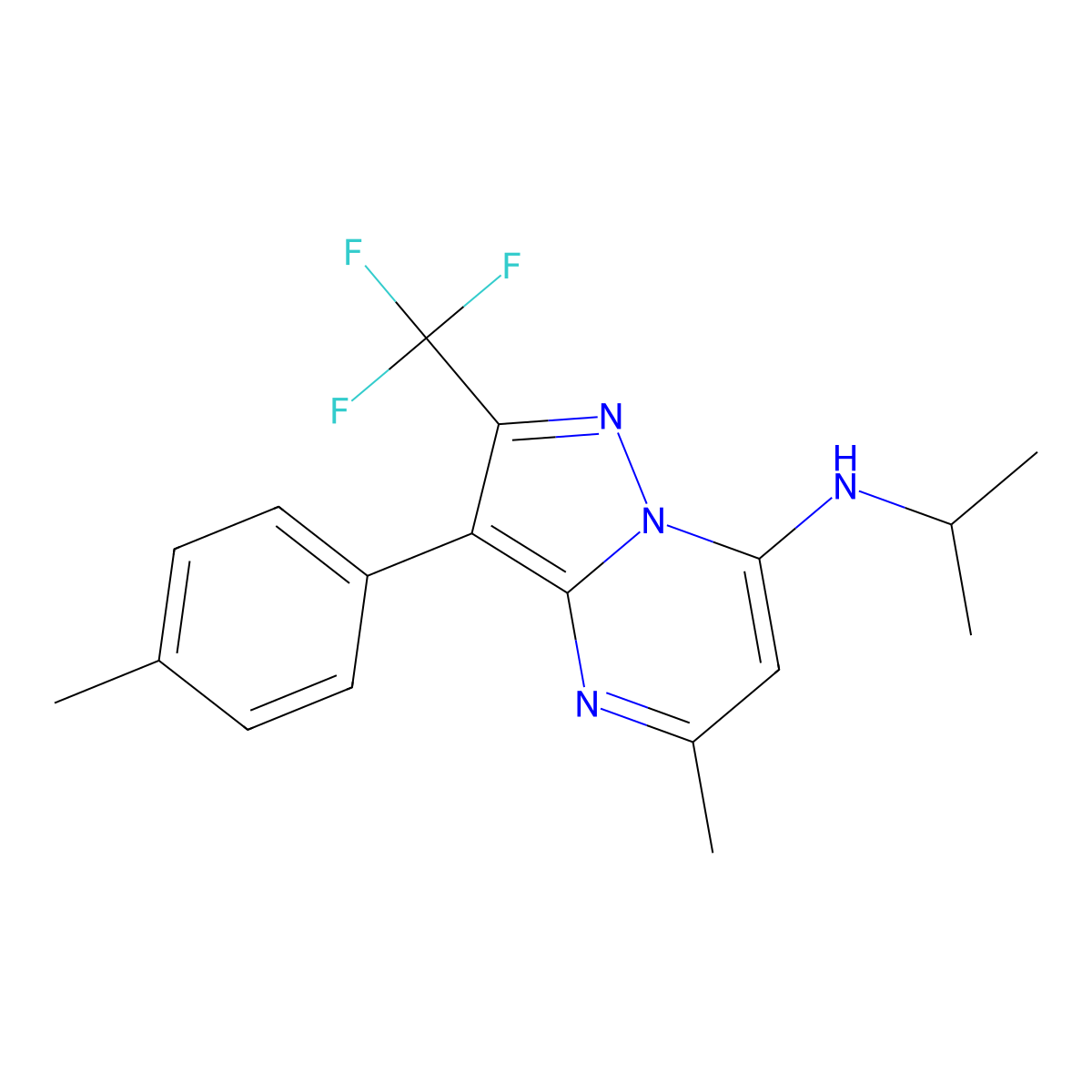 5-methyl-3-(4-methylphenyl)-N-(propan-2-yl)-2-(trifluoromethyl)pyrazolo[1,5-a]pyrimidin-7-amine molecular structure, CAS 1031599-65-1